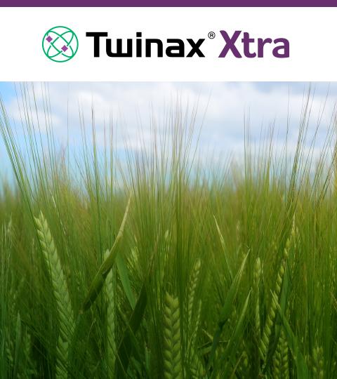 Tuimax Xtra logo above close-up of green wheat field under cloudy sky