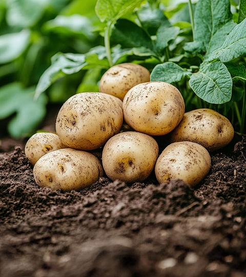 Freshly harvested potatoes on soil with green leaves in the background